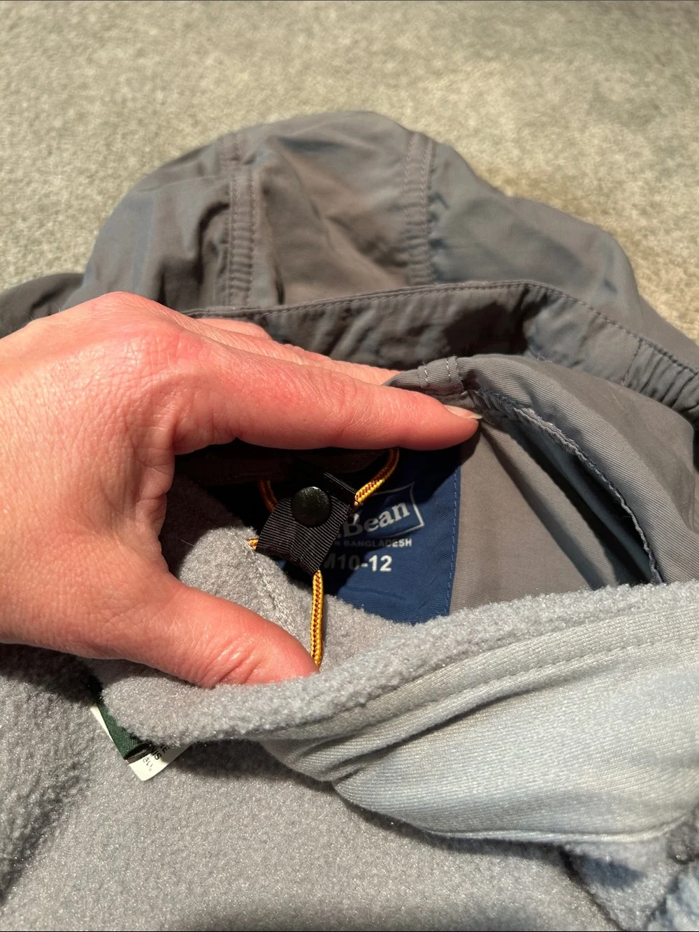 L.L. Bean Two-Tone Hooded Puffer Jacket - Gray & Navy with Yellow Zipper